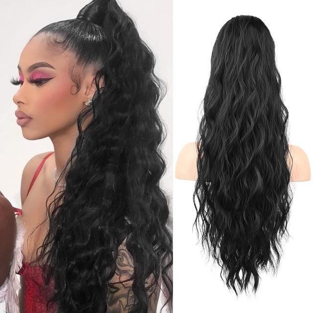 28-Inch Long Straight Synthetic Drawstring Clip-in Ponytail Extension Tangle-Free Natural Black for Women