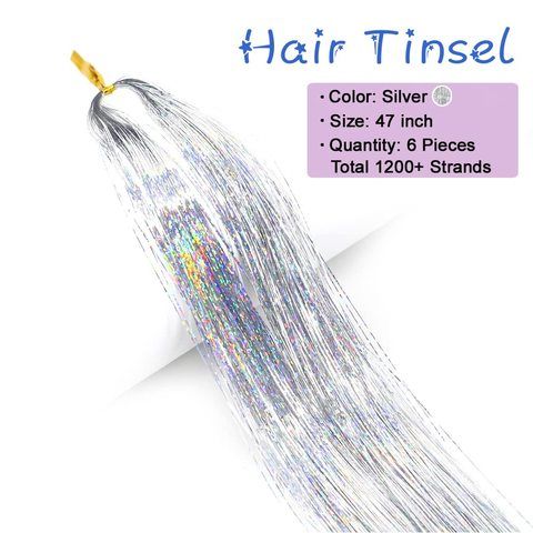 48-Inch 1200 Strands Glitter Tinsel Hair Extensions Kit Heat view 3