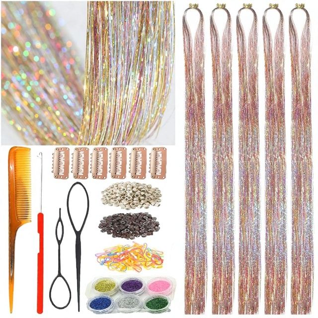 20 Colors Fairy Hair Tinsel Kit 4000 Glitter Strands 48Inch Heat Resistant Extensions Sparkling Highlights Tools