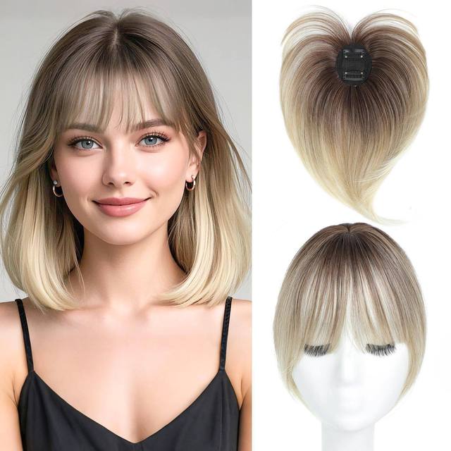 Clip in Hair Topper with Fringe Bangs Natural Looking Top Hairpiece Cover Gray Hair & Thinning Crown for Women Daily Use