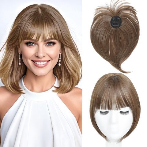 Clip in Hair Topper with Fringe Bangs Natural Looking Top Ha view 3