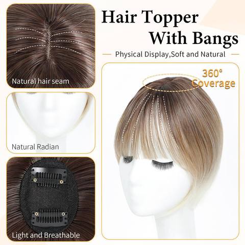 Clip in Hair Topper with Fringe Bangs Natural Looking Top Ha view 4