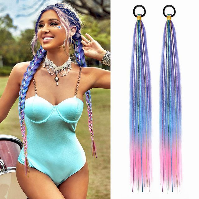 Blue Ponytail Tinsel Hair Extensions with Rubber Band, Synthetic Hair Pieces for Girls & Women, 1Pc/Pack