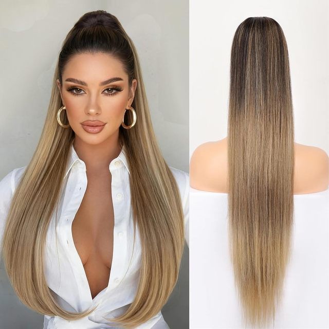 Custom Drawstring Ponytail Extension Straight Clip in Ponytail Synthetic Hairpiece Ombre Black Mix Blonde Made to Order