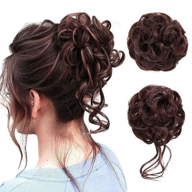 2 Pack Messy Bun Piece Women Fake Hair Extensions High Temperature Fiber No-Slip Elastic Ties Instant Updo Wavy Curly