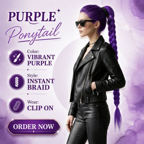 Purple Pre-Braided Ponytail Extensions, 26 Inch Lightweight view 2