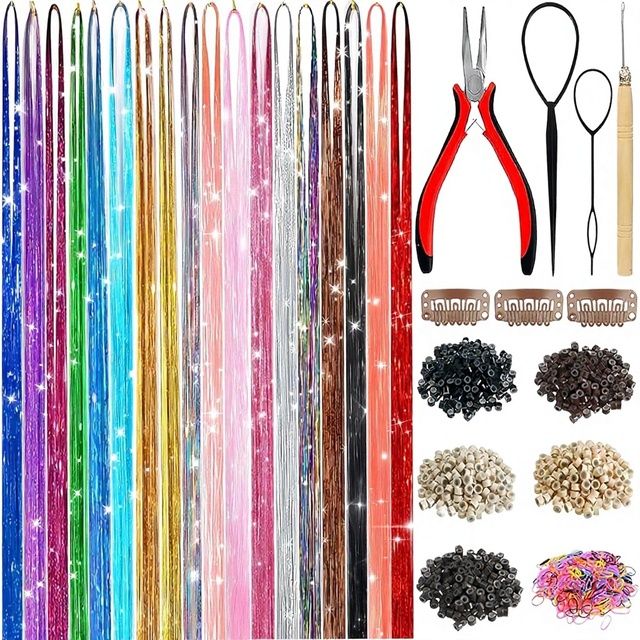 Polyester Hair Tinsel Kit 18 Colors Fairy Teen Girls Heat Resistant Glitter Long Straight Extensions 48inches