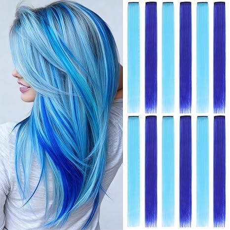 12 Pcs Blue+Sky Blue Clip-In 22 Inch Straight Synthetic Hair Extensions for Kids Girls Women Cosplay & Party