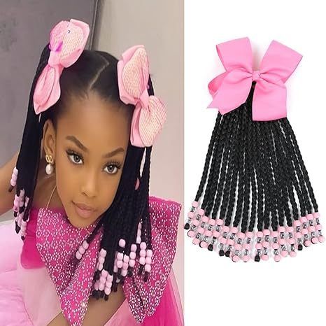 Kids Braided Hair Extensions with Bow & Beads, Springy Curly Natural Look, Party & Stage Hair Accessories