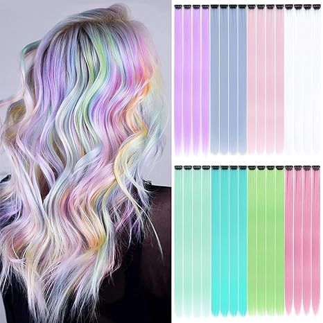 Colored Ice Blue Hair Extensions Party Highlights Colorful Clip in Hair Extensions 22 Inch Straight Synthetic Hairpieces