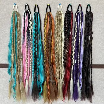 Wig Ponytail Long Braid Black Gray Highlights Bubble Style Synthetic Machine Double Weft Braid