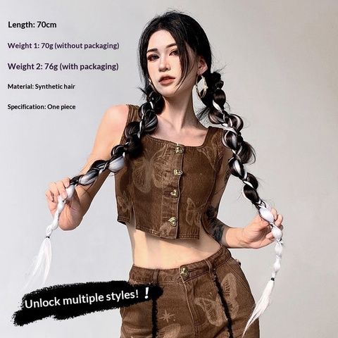 Wig Ponytail Long Braid Black Gray Highlights Bubble Style S view 3